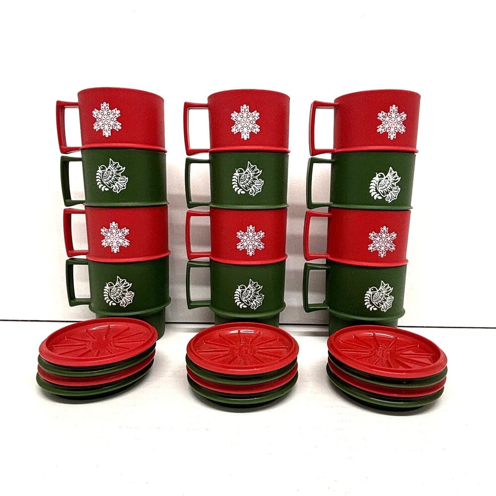 Vintage Tupperware Red Green Holiday Stacking Cups Mugs Lids Coasters Set of 12